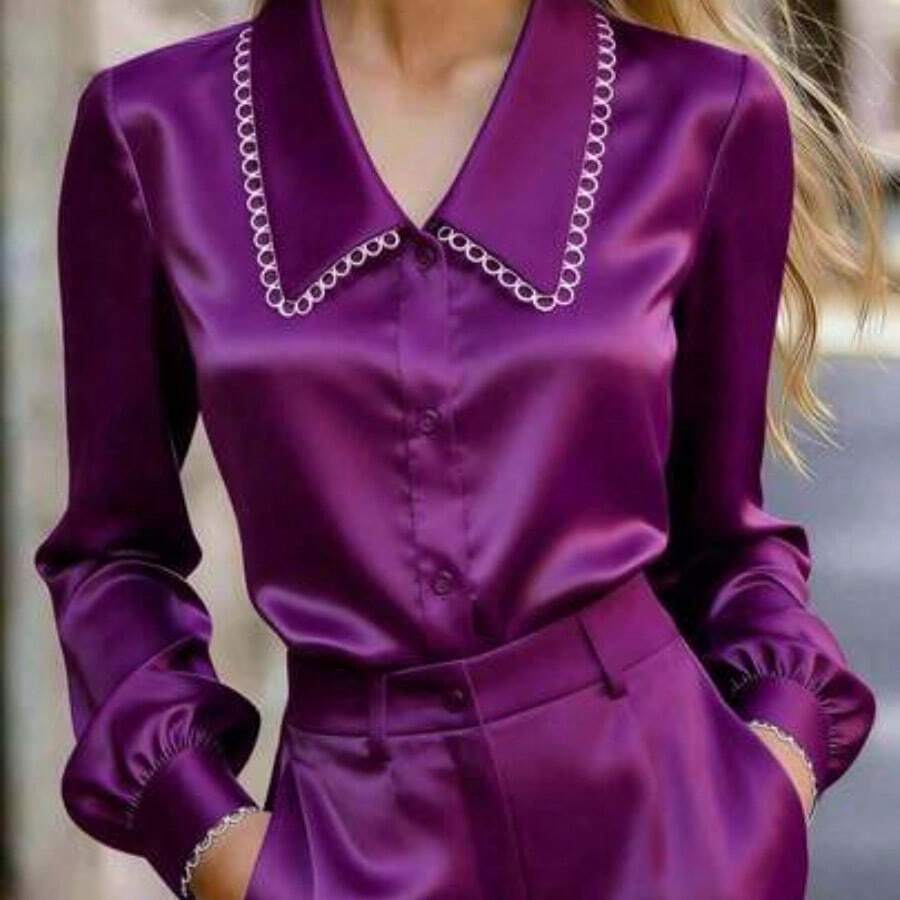 Blusa de satén para mujer, camisa de manga larga con cuello y botones, ajuste estándar, adecuada para verano, primavera y otoño, color blanco - Morado - Ver 1