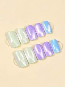 Press On Nails Medium-Long Round-Tip Nails Fake Nails Dreamy Rainbow Aurora False Nails Laser Glossy Full Cover Stick On Nail Reusable Artificial Glue On Nails For Women Manicure 24Pcs - Multicolor - View 2