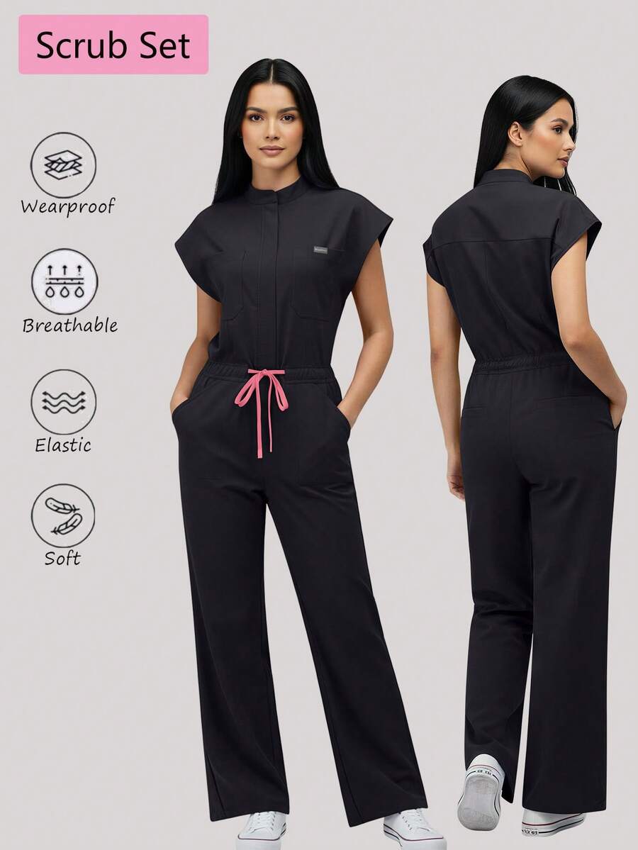 Women's Scrub Set With Pockets, Zipper, Stand Collar, Drawstring Design, Surgical Scrub Set For Clinic Black Fall - Black - View 1