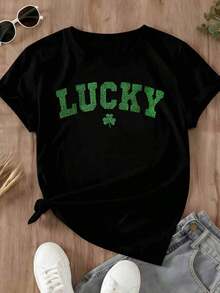 Lucky Shamrock T-Shirt For St. Patrick's Day, Women's Graphic Tee, White With Bright Green Lettering, Casual Crop Top, Lucky Shamrock Design, 100% Pure Cotton, Bohemian Style. - 黑色 - 查看 3
