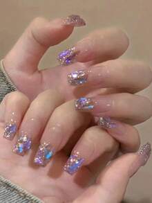 24Pcs Long Coffin Glitter Rhinestone Press On Nails With Jelly Glue Nail File - 紫色 - 查看 3