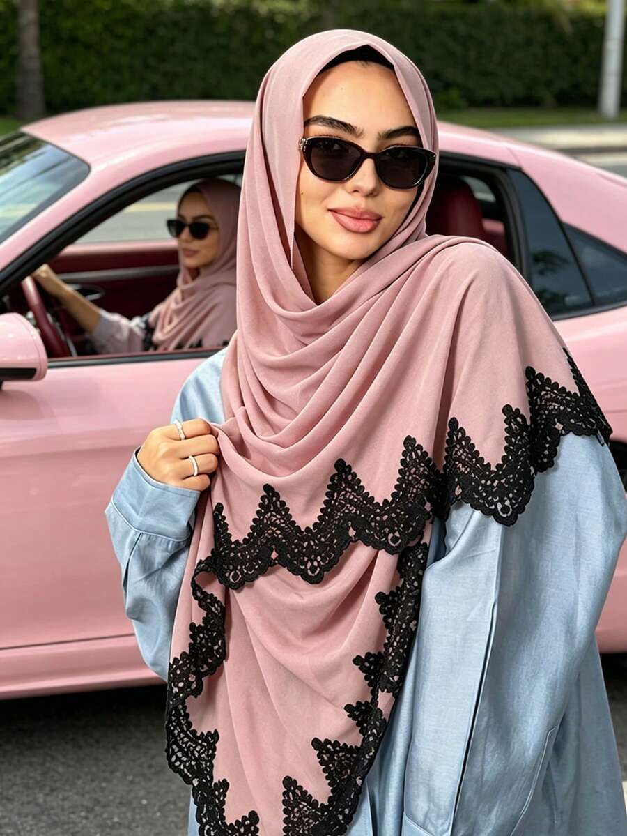 1pc Romantic Lace Trim Chiffon Muslim Hijab Scarf For Abaya - Multicolor - View 1