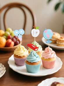 11pcs/2sets 22pcs Cute Cartoon Back To School Cupcake Decorations - School Opening/Graduation Ceremony Cake Toppers With Ruler, Pencil, Apple Patterns Suitable For Graduation Ceremony, Welcome Back To School Party Supplies - Back-to-school Cupcake Inserts - View 6