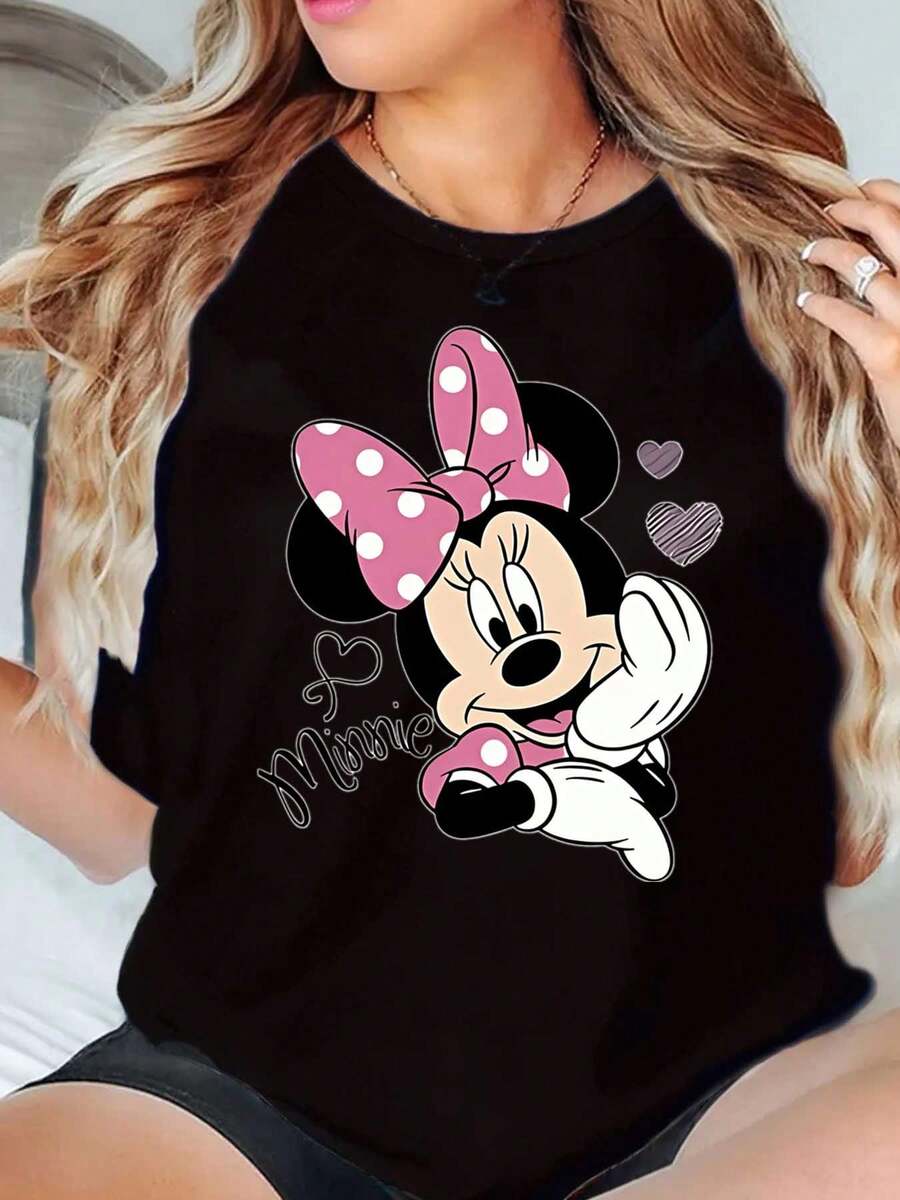 Minnie Mouse With Pink Bow And Hearts Print Disney Women T Shirt Round Neck Short Sleeve Casual Daily Wear For Spring Summer Soft Comfortable 220g - 黑色 - 查看 1