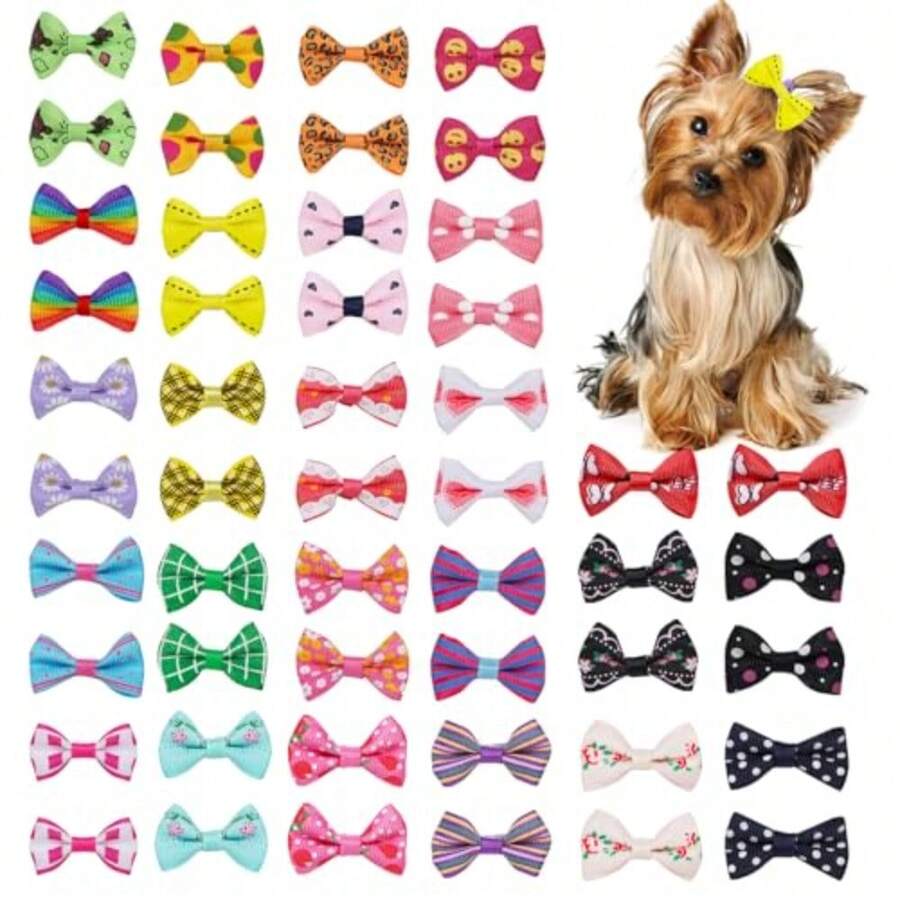Chenkou Craft 50pcs/25pairs New Dog Hair Bows with Clips Pet Grooming Products Mix Colors Varies Patterns Pet Hair Bows Dog Accessories - Clip 50 - Ver 1