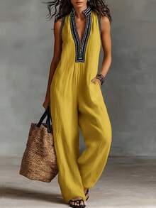 Women's Jumpsuit, Sleeveless V-Neck, Elegant, Casual 1-Piece Pants Jumpsuit 2026 Summer Set - 天藍色 - 查看 4