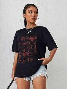 Camiseta con estampado gráfico y hombros caídos TE ESTOY MIRANDO TEMPRANO EN EL DÍA, SE SUSCUENTA QUE DEBERÍAMOS NAVIGAR EN UN BARCOÚ Y 1, Y NUNCA UNA PERSONA EN EL MUNDO. Camisetas gráficas para mujer, tops de estilo minimalista, sudaderas gráficas, ropa vintage, ropa de calle, tops para salir, tops de verano, conjuntos de primavera, camisetas divertidas, conjuntos a juego para parejas, conjuntos a juego para vacaciones, estampado de figuras, casual, moda urbana, versátil. - Negro - Ver 3