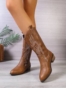 10916-001DUK New Women's Embroidered Brown Western Boots, Pointed Toe Chunky Heel Mid-Calf Boots, Outdoor Casual Fashion Boots - Brown - View 4