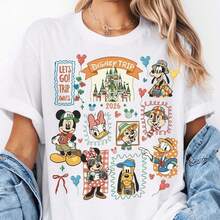 Disney Women's Loose T-Shirt 1PC Licensed "Vintage Patchwork‑Style 2026 Disney Trip‑Themed Mickey Minnie Donald Daisy Goofy Pluto Chip Dale With Cinderella Castle" Cartoon Printed Oversized T‑Shirt, Short Sleeve Tee For Disneyland & WDW Family Vacations. 2026 New Style, Ideal For Family Matching Outfits, Unisex For All Ages. High‑Quality Cotton Fabric, Soft & Breathable. Whimsical Travel‑Themed Design Decorated With Cameras, Mickey‑Shaped Balloons, Checkered Frames And Ribbon Accents, Perfect Gift For 2026 Disney Family Trip. - White - View 1