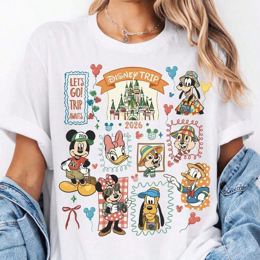 Disney Women's Loose T-Shirt 1PC Licensed "Vintage Patchwork‑Style 2026 Disney Trip‑Themed Mickey Minnie Donald Daisy Goofy Pluto Chip Dale With Cinderella Castle" Cartoon Printed Oversized T‑Shirt, Short Sleeve Tee For Disneyland & WDW Family Vacations. 2026 New Style, Ideal For Family Matching Outfits, Unisex For All Ages. High‑Quality Cotton Fabric, Soft & Breathable. Whimsical Travel‑Themed Design Decorated With Cameras, Mickey‑Shaped Balloons, Checkered Frames And Ribbon Accents, Perfect Gift For 2026 Disney Family Trip. - White - View 1