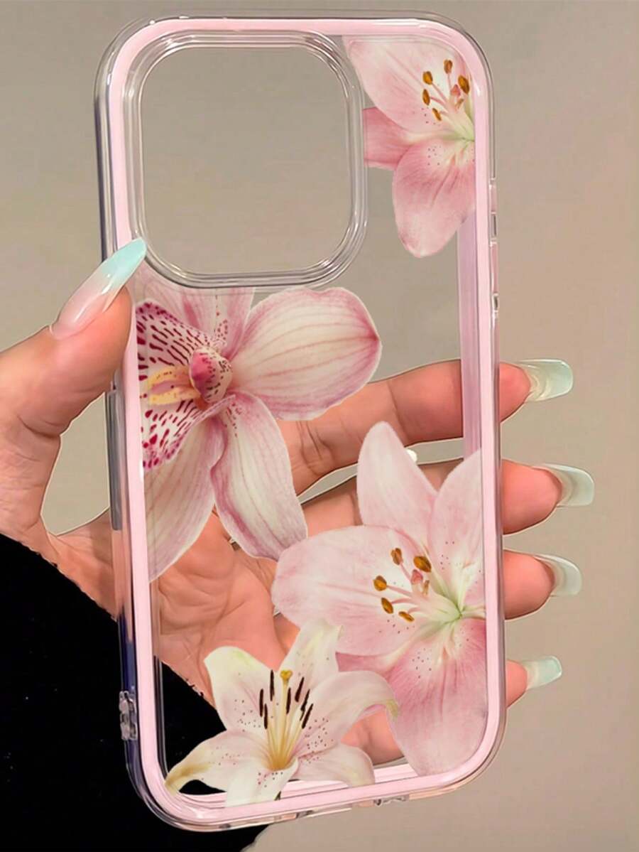 1件創意粉色百合花圖案軟邊透明全包覆防震手機保護殼,適用於11 12 13 14 15 16 17 Pro Max/Plus、A56/55/54/53/52/51、S26/25/24/23/22/21 Ultra系列,優雅禮物,美學風格 - 粉色 - 查看 1