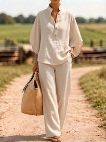 2026 Spring/Summer Casual Buttoned Shirt And Wide-Leg Pants Linen Two-Piece Set Women's Linen Two-Piece Set - Apricot - View 1
