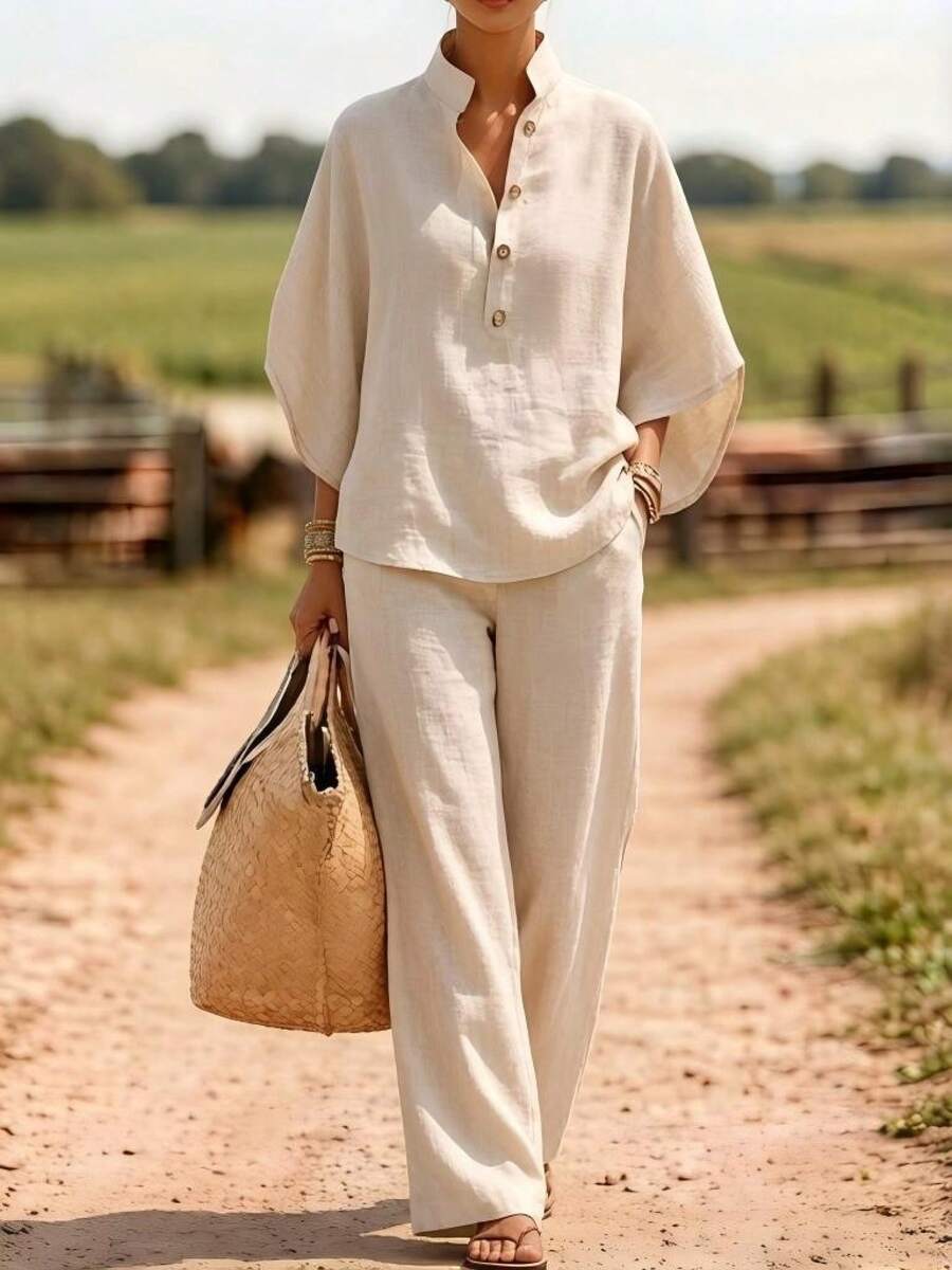 2026 Spring/Summer Casual Buttoned Shirt And Wide-Leg Pants Linen Two-Piece Set Women's Linen Two-Piece Set - Apricot - View 1