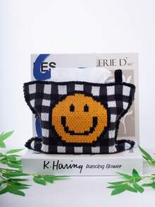 1pc Plaid Woven Tissue Box Cover, Vintage Geometric Pattern With Smiling Face Jacquard Knit, Fits Standard Tissue Boxes - Multicolor - View 5