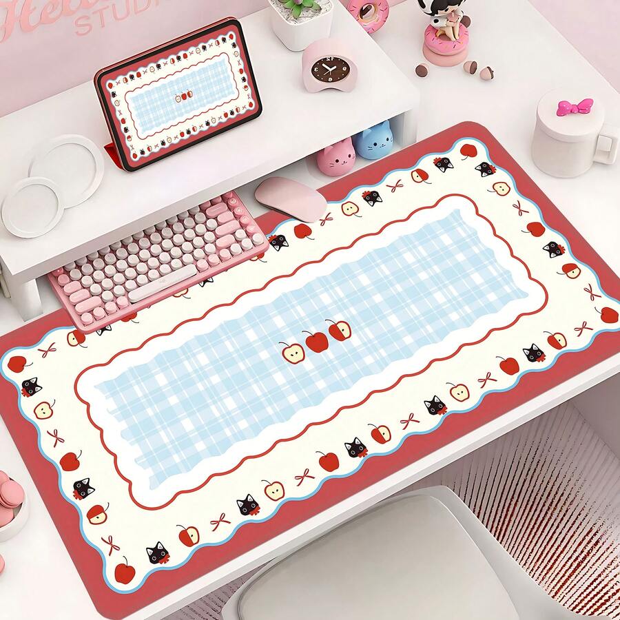 Thảm lót bàn phím và chuột cỡ lớn dễ thương phong cách Kawaii cho gaming, thảm lót bàn dài mềm bảo vệ mặt bàn, chống nước, đế cao su chống trượt, phụ kiện máy tính trang trí cho làm việc văn phòng và tại nhà, quà tặng cho bé gái và bé trai, họa tiết Aesthetic Cherry Apple Cat - Xem 1