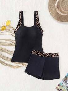 Swim Lushoire Tankinis de traje de baño con estampado de leopardo y patchwork para vacaciones de verano de mujer - Negro 2 - Ver 5