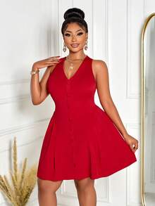BIUBIU Women's Chic Red Sleeveless Fit And Flare Button Midi Dress Gorgeous Knit High Stretch Design For Date Nights And Curve Vacation Outfits - Bright Red - View 5