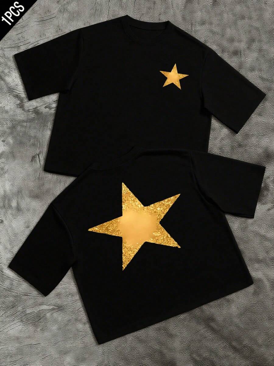 The Bright Golden Star Symbolizes Inner Energy And The Desire To Achieve Dreams With Confidence And Optimism, Reflecting A Radiant And Positive Personality. Ideal For Expressing Motivation And Hope In Daily Life. Men's Double-Sided T-Shirt With A Modern Print - 黑色 - 查看 1