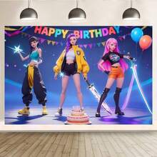 1件装时尚Rumi Mira Zoey K-Pop女团韩国蛋糕装饰横幅，美观的墙面悬挂背景，适用于大型音乐主题生日派对和粉丝聚会活动 - 彩色 - 查看 2