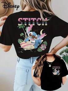 Disney Officially Licensed 100% Cotton T-Shirt, Unisex Short-Sleeve T-Shirt, Genuine Licensed Stitch Print, Soft And Skin-Friendly Stretchy Casual Short-Sleeve Top, Stylish Short-Sleeve Round-Neck T-Shirt For Women - 黑色 - 查看 6