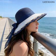 Stylish Straw Hat With Bowknot,Hats For Women,Beach Hats For Women,Elegant Women's Sun Hat, Beach Sun Protection Hat, UV Protection Hat - 藏蓝色 - 查看 3