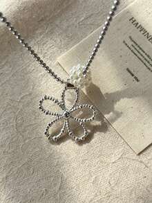 Korean Style Metal Beaded Pearl Flower Long Hollow Flower Pendant Necklace, Lightweight Luxury Sweater Chain For Women - Silver - View 7