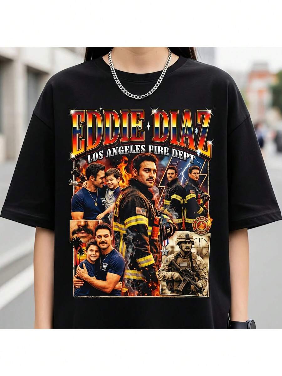 Unisex 100% Cotton T-Shirt Of Eddie Diaz And Ryan Guzman From The 9-1-1 Series For Men And Women, Soft, Essential For Casual Urban Wear In All Seasons, Versatile Style For All Seasons, Affordable Daily Wear And Perfect Christmas Gift For Fans And Friends. - 黑色 - 查看 1