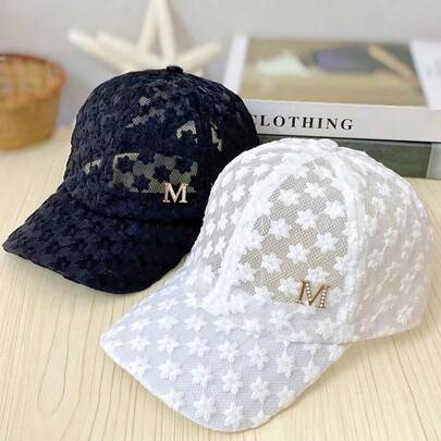 1 chiếc mũ lưỡi trai nữ mùa xuân/hè họa tiết hoa cúc lưới ren tối giản trang trí kim loại, nhẹ và thoáng khí, thích hợp cho du lịch, tụ họp và sử dụng hàng ngày.
