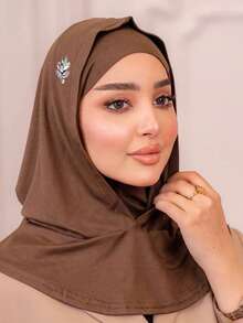 Ready To Wear Modest Breathable Stretchy Jersey Fabric Pull-On Headscarf With Heavy Leaf Rhinestone Embellishment, Double Layer With Inner Lining Cap, Instant Hijab - Multicolor - View 10