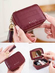 FOREVER MIYIN 1pc Crocodile Pattern Mini Cosmetic & Jewelry Storage Box, Built-In Mirror And Keychain, Zipper Closure, Lipstick Storage Bag, Cosmetic Organizer, Portable Compact Travel Makeup Bag, Suitable For Women's Daily Use, Outdoor Travel And Girls' Carry, Valentine's Day Gift, Mother's Gift, Girlfriend Gift - Multicolor - View 10