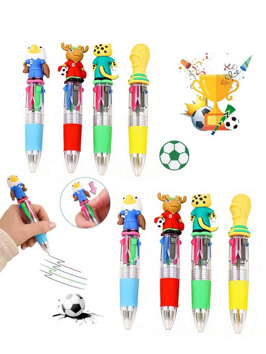 12pcs/Set Cute World Cup 4-Color Cartoon Animal Football Theme Neutral Pens, Push-Button Ballpoint Pens, Suitable For Classroom Rewards, Back To School, Souvenirs, School Supplies, Great For Students, Birthday Gifts, Party Favors And Football Fans (Random Assorted Styles) - World Cup Transparent Four-color Pen - View 1