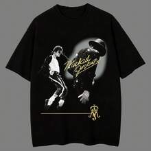Nueva playera de manga corta oversize para hombre, estampada casual 100% algodón de  Rey del Pop, estilo retro y musical, perfecta para conciertos temáticos, reuniones con amigos, salidas nocturnas, viajes y uso cotidiano, básica imprescind - Blanco - Ver 2