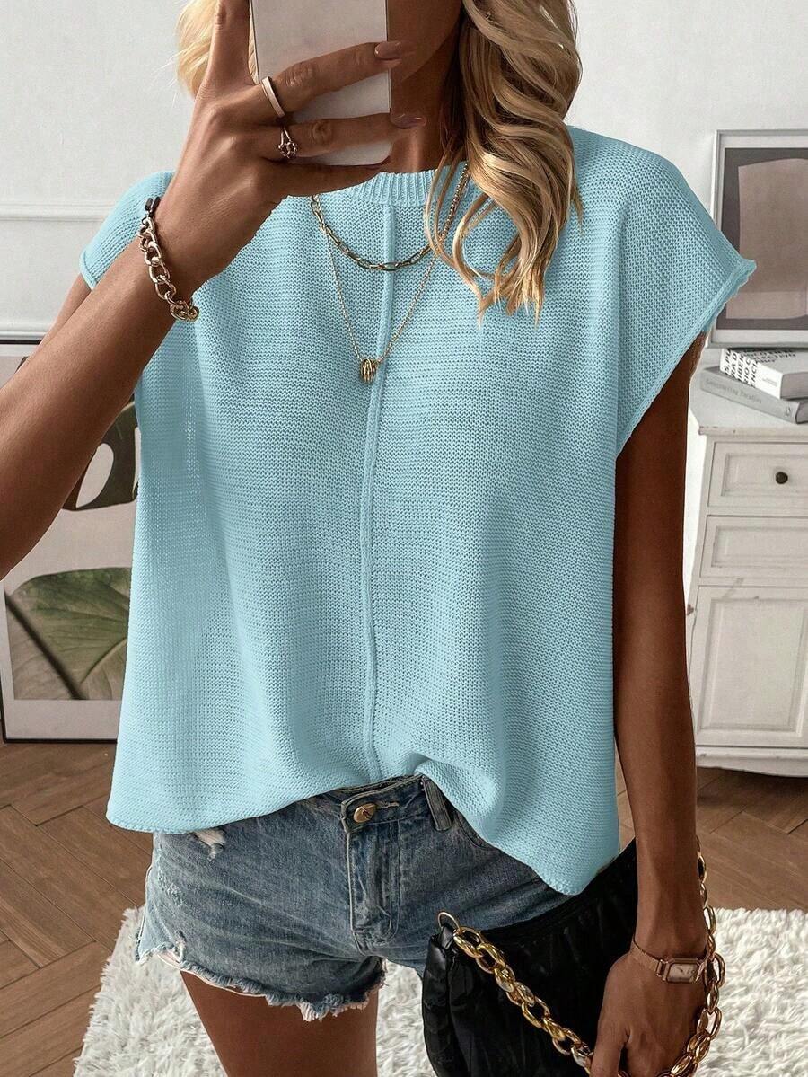 Solid Color Batwing Sleeve Knit Vest - Blue - View 1
