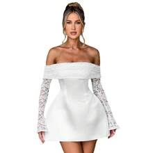 2026 Summer New European And American Cross-Border Women's Fashion Off-Shoulder Strapless Long-Sleeve Sexy Slim-Fit Lace A-Line Dress - 白色 - 查看 6