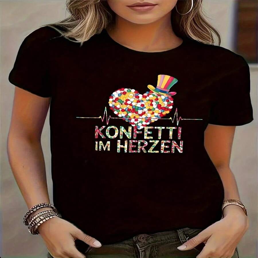Camiseta con estampado de corazón y estilo - Negro - Ver 1
