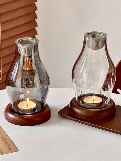 1 chiếc đèn hương liệu thủy tinh cao cấp, lư đốt trầm hương phong cách Ins cực kỳ thu hút, nắp giá đỡ nến gỗ đàn hương sáng tạo độc đáo, giá đỡ nến thủy tinh cho gia đình, trang trí bàn cà phê lối vào, đạo cụ chụp ảnh