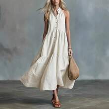 2026 New Elegant Sleeveless Casual Loose Linen Buttoned Vest Dress - Off White - View 4