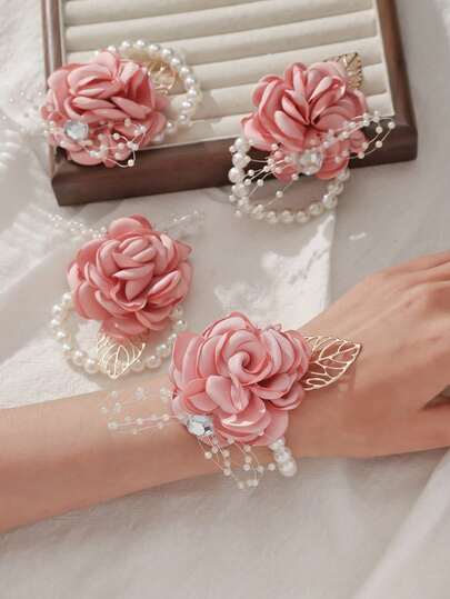 1 buc/4 buc Corsaj de încheietură cu flori din aur roz pentru femei, cu decor din frunze din aliaj de aur, brățară florală elegantă cu mărgele pentru mireasă, domnișoară de onoare, nuntă, petrecere, purtare zilnică