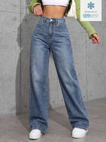 Women's Pocketed Wide Leg Relaxed Casual Denim Jeans - 深色洗 - 查看 5