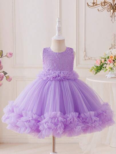 Girls' Lace Patchwork Dress, Stylish Summer New Baby Sleeveless Multi-Layer Cake Tulle Skirt, Children's Forest Style Sweet Light Purple Princess Dress, Little Girl Flower Girl Wedding Holiday Party Evening Gown