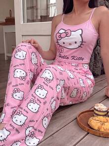 SANRIO Girly Hello Kitty Print Camisole + Long Pants Loungewear Set, Soft & Stretchy Fabric, Comfortable 2 Pieces Set Suitable For Home Sleep / Casual Relaxation / Light Outings - Watermelon Pink - View 4