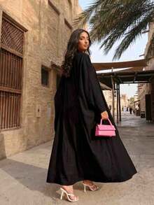 1pc Women's Lightweight Breathable Yellow Batwing Sleeve Robe, Simple Elegant Design, Suitable For Daily Wear, Holiday Occasions And Versatile Gatherings - Black - View 3