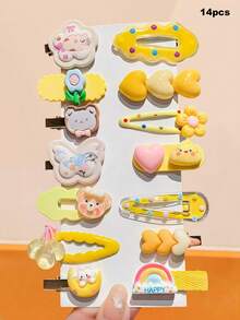 14pcs/Set Pinces à frange mignonnes de dessin animé, combinaison de couleurs fraîches de ton jaune avec des éléments de chat, ours en peluche, fleurs, couleurs vives et douces, convenant pour les chignons, les couettes ou les coiffures décontractées - Pour les femmes et les filles, convenant pour le quotidien, les rendez-vous, l'école, les vacances, la plage, les fêtes, les vacances, les cadeaux, la saison des remises de diplômes, barrettes à cheveux, pinces à cheveux - Multicolore - Voir 11