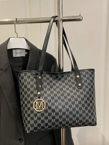 1件純色字母標籤托特包，女款大容量PU肩背手提包，通勤休閒大包 - 黑色 - 查看 6