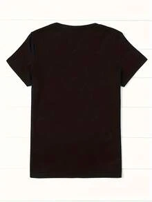 Camiseta de Cuello Redondo con Estampado de Letras Arcoíris para Primavera y Verano - Negro - Ver 2