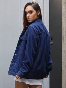 Maxi Oversized Denim Jacket With Pockets, Women's Long Winter - 暗洗淚 - 查看 5