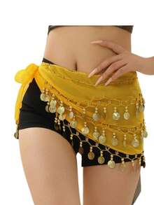 Tiara + Bracelet + Necklace And Scarf Set With Arabic Coins For Dance - Yellow - View 3