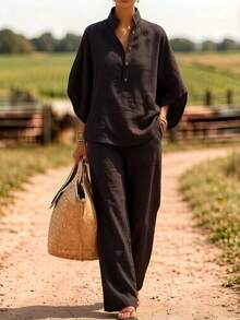 2026 Spring/Summer Casual Buttoned Shirt And Wide-Leg Pants Linen Two-Piece Set Women's Linen Two-Piece Set - Apricot - View 10