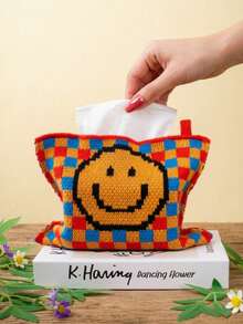 1pc Plaid Woven Tissue Box Cover, Vintage Geometric Pattern With Smiling Face Jacquard Knit, Fits Standard Tissue Boxes - Multicolor - View 9