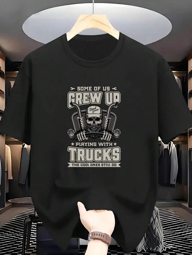 Men's Plus-Size T-Shirts, 100% Custom-Made, With A Trucker-Style Skull Print, Crew Neck, And Short Sleeves, Featuring A Modern And Fun Style. A Comfortable And Casual T-Shirt Perfect For Summer. - Black - View 1